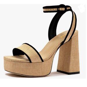 miss left Wheat Open Toe Platform Ankle Strap Backless Chunky High Heel Sandals